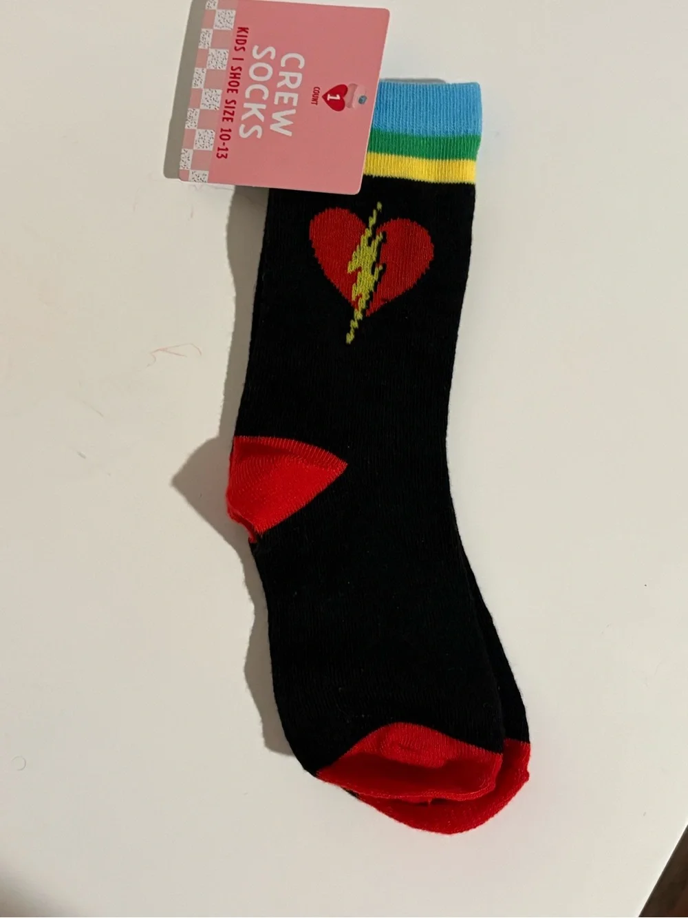 Kids Black Crew Socks with Red Heart & Yellow Lightning Accent